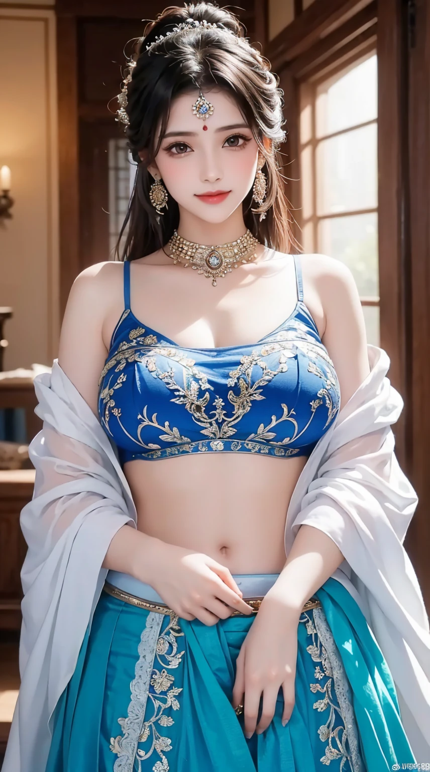 1girl, cute face,pretty face, jaw dropping beauty, cute smile,Indian clothes, Indian mythology dress, blue rpg lehenga and choli, beautiful  rpg lehenga and choli , pony tail, standing position,((ultra high detailed 1.9)),((ultra high resolution 1.9)),((ultra high quality 1.9)),(masterpiece)), (perfect lightings), (very Big breasts 1.9)), ultra huge breast, deep neckline sexy navel, showing her body