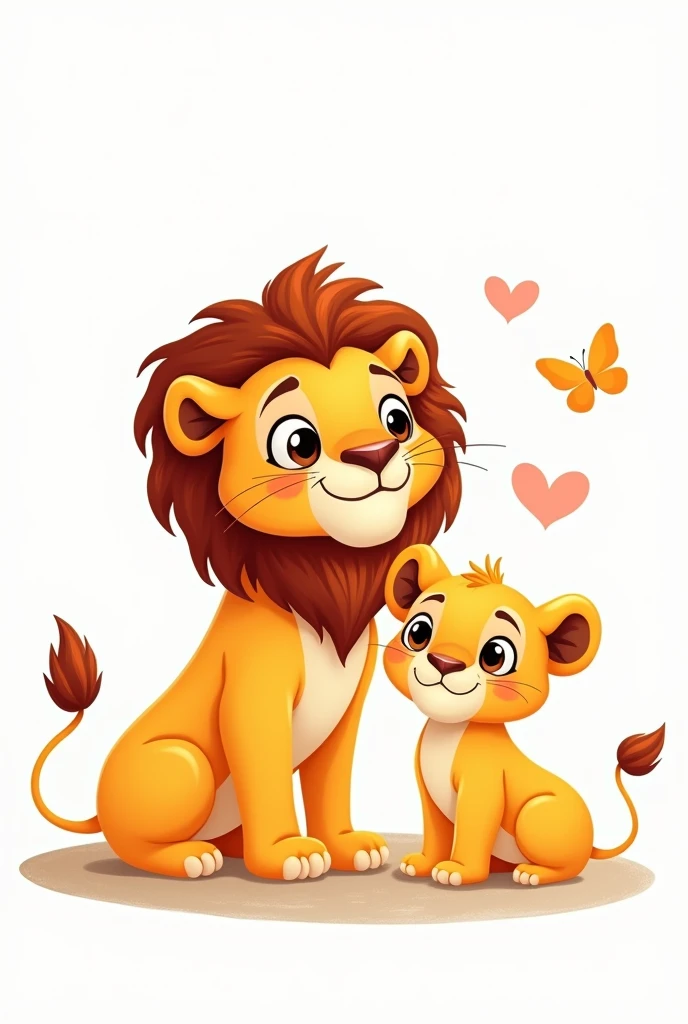 Create an inside of an Anniversary card featuring a cute, cartoonish 3 Lions, Pride Male Father, Lionesses Mother, and its small cub. The design is playful and light-hearted, perfect for celebrating the special bond you share, lion cub running after a butterfly, white background