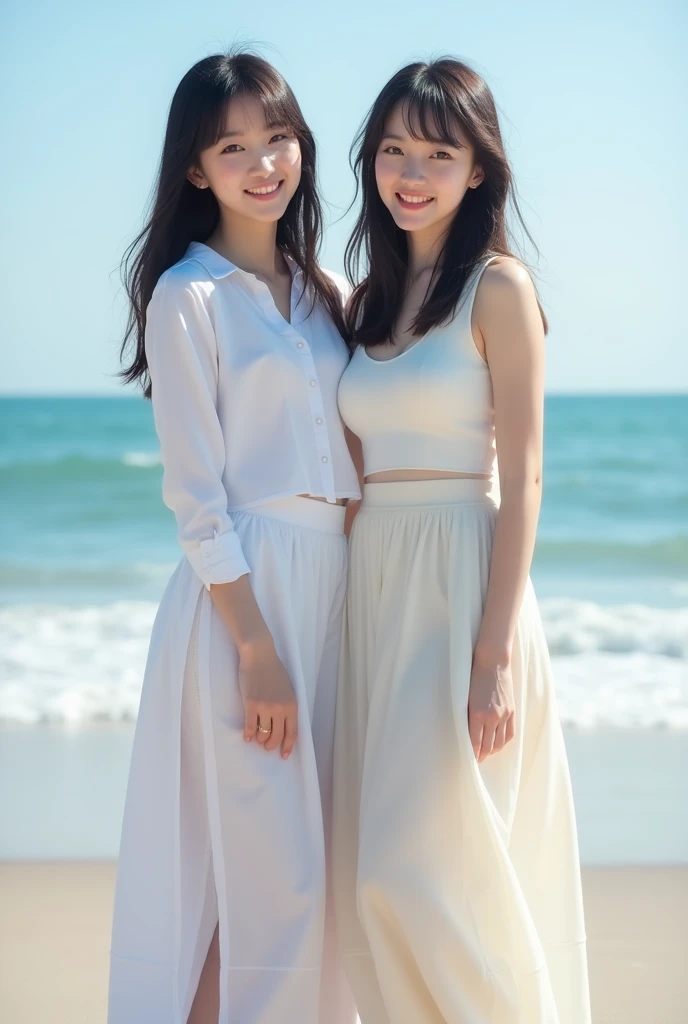 ((Highest quality)), ((masterpiece)), (detailed), Perfect Face,2 Japanese women,Teenager without makeup,Full body standing,Clean up to the toes,Huge breasts:1.3,Huge breasts:1.3,High bust top:1.3,Hard, Round Breasts:1.3,White shirt,Long skirt,((No Pat,Very good)),Bright smile,Soft sunlight on the beach,Thematic Depth,Clear focus,Natural and soft light