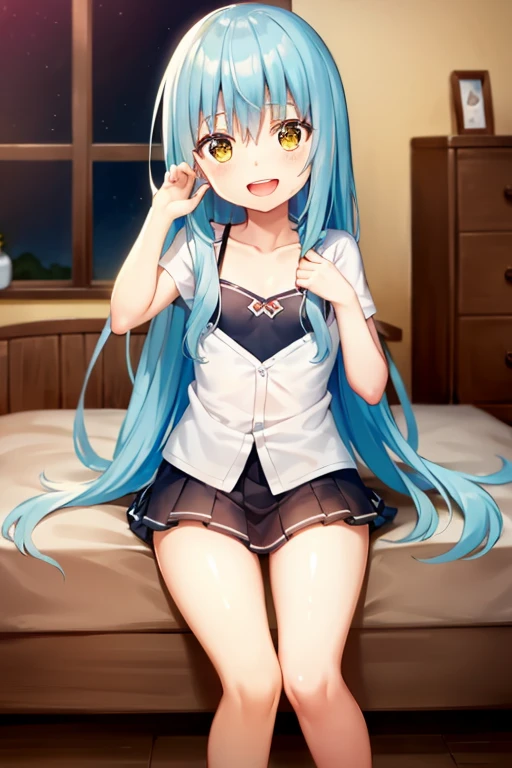 ((Highest quality)), ((masterpiece)), (be familiar with), Perfect Face, indoor, Bedroom, Watching the audience,
One woman, Rimuru=Tempest,
Open Mouth, Ecstatic expression, blush, smile,
Small breasts, Flat Chest, , , , Girl,
Long Hair, Long Hair,