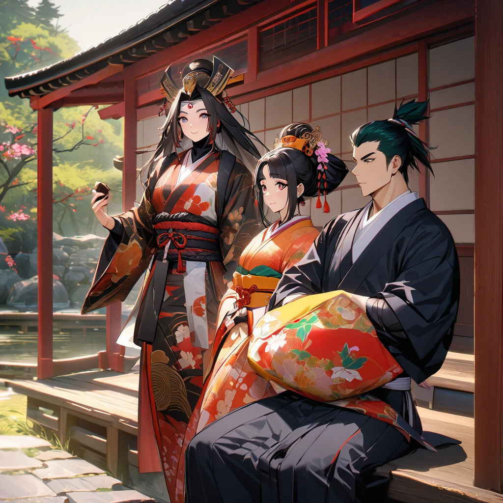 Very 8k,HD,Masterpieces With very rich brilliant vivid lush colors Beautifully drawn, high quality, ultra-detailedv Date Masamune as a young Oiran 1700S Japan with young very Handsome very Japanese male Ninja Samurai , her siderealistic depiction of a classic ancient traditional Japanese setting"