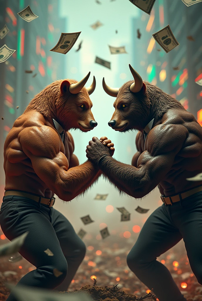 3D color image of a man with a bull's head and another man with a bear's head wearing a suit, both are in arm wreatling pose with a background of share market candlesticks, stock market charts, dollar bills flying around, and falling stock prices