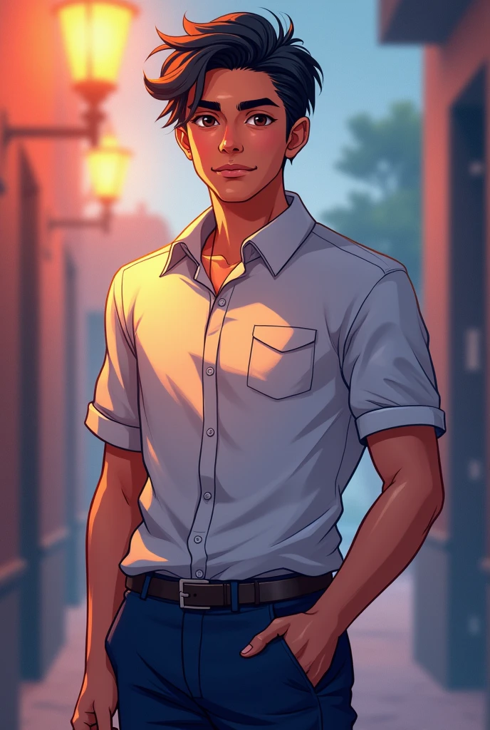 Create anime 18 indian boy wear polo t shirt pant and shoe