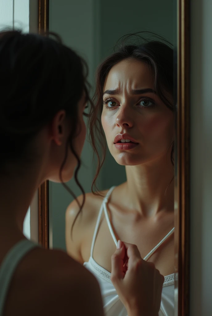 a frustrated person looking in mirror, tugging clothes, highly detailed face, expressive eyes and lips, cinematic lighting, dramatic shadows, realistic 4k, photorealistic, dramatic lighting, masterpiece, oil painting
