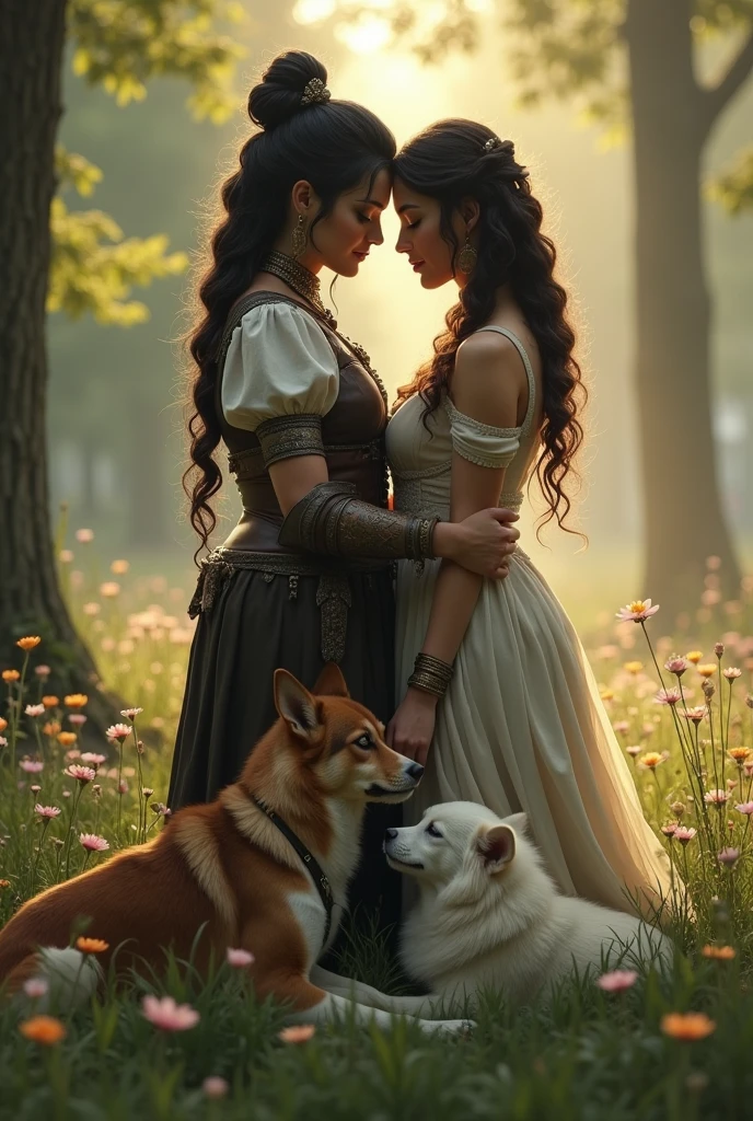 Create a romantic scene of two lesbian women, one is a brunette warrior with black hair with all her hair tied up in a high bun, and the other is a princess with long, curly hair, with his two dogs, one is a large brown with white stripes on her face and the other is very small, white and furry