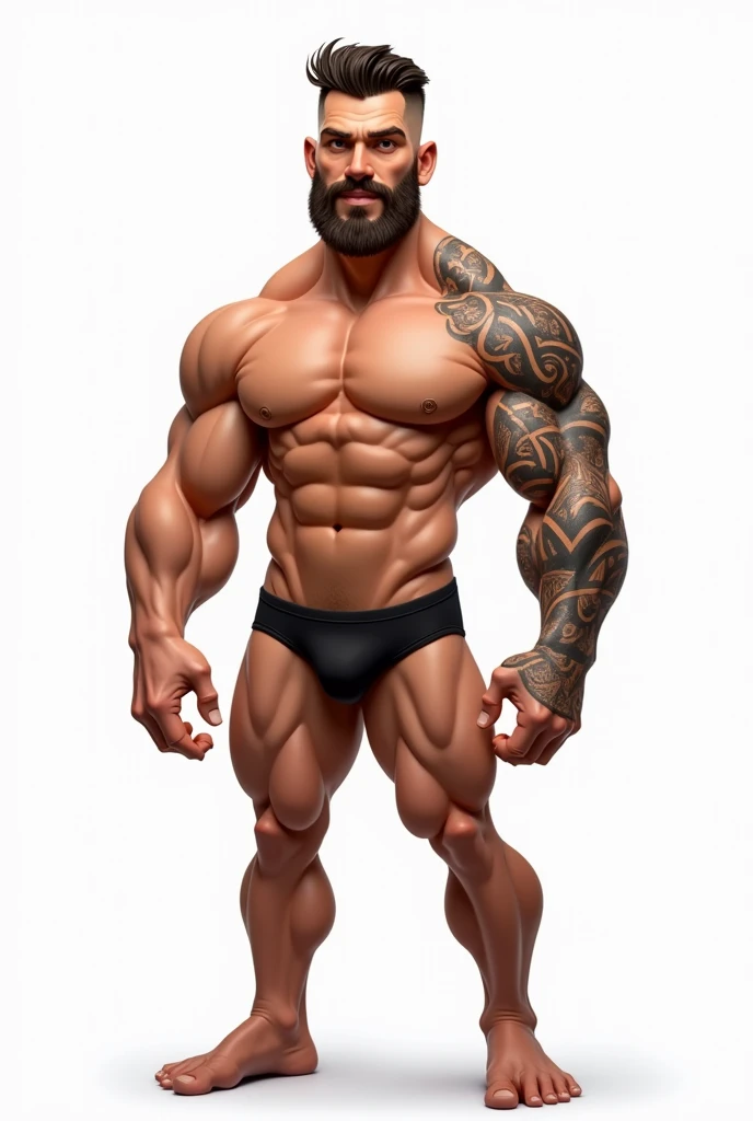 
Caricature, handsome man, no beard, semi-realistic, huge muscles, shirtless, topless, muscle,wearing black underwear ,huge pectoral, tribal tattoos in his left sleeve, white background