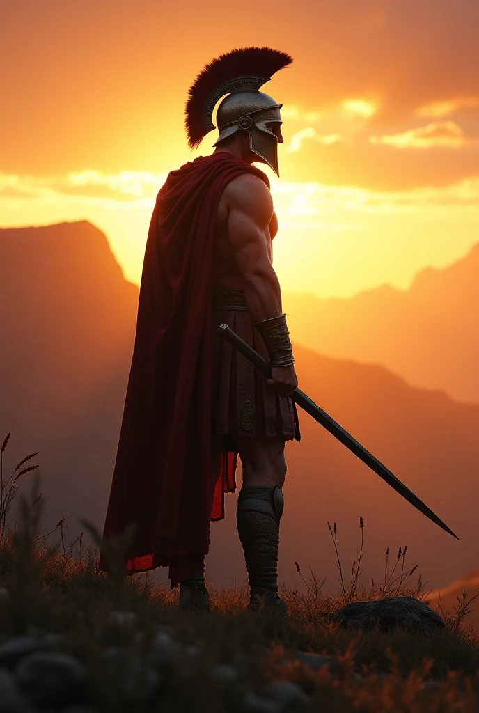Spartan alone, cinematic, ultra realistic, warm, silhouette, far away