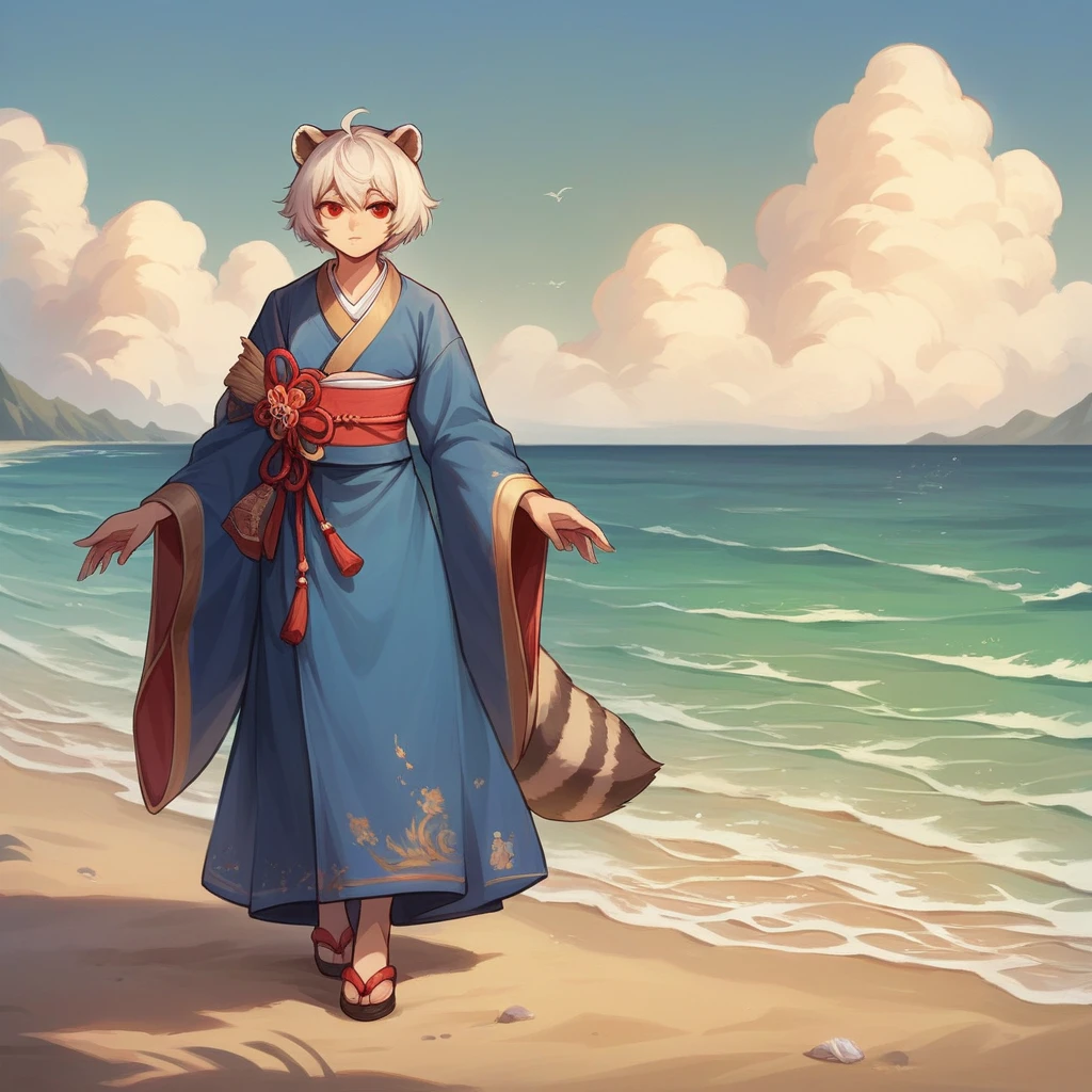 ((Best quality)), ((masterpiece)), (detailed) Girl, Short white hair, Red eyes, Raccoon ears, White Blue revealing kimono, Full body pic, Beach, Sunny.