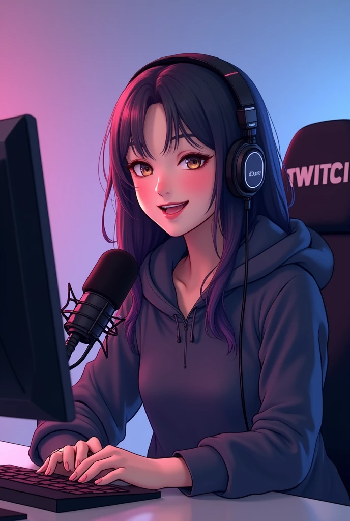 A woman sitting at a desk with a laptop and microphone, sitting in front of a microphone, Twitch streamer, Twitch streamer/gamer Ludwig, giving an interview, accurate portrait, taking control while smiling, H3H3, with a happy expression, accurate representation, in front of a computer, trending art, Shutterstock, studio shot, very expressive, realistic anime, drawn,