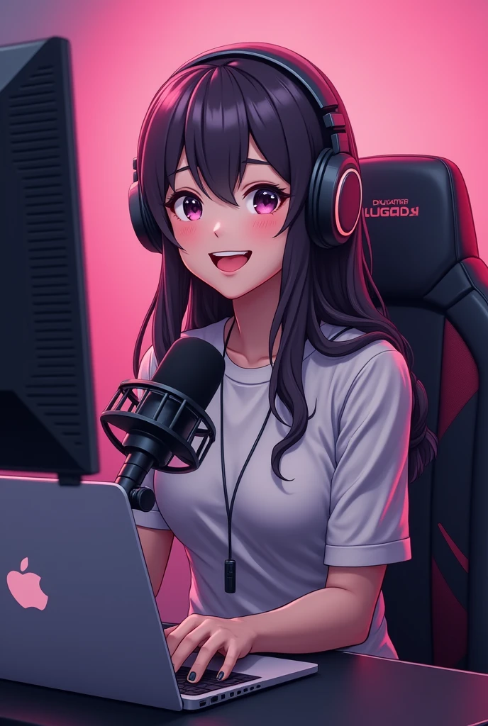 A woman sitting at a desk with a laptop and microphone, sitting in front of a microphone, Twitch streamer, Twitch streamer/gamer Ludwig, giving an interview, accurate portrait, taking control while smiling, H3H3, with a happy expression, accurate representation, in front of a computer, trending art, Shutterstock, studio shot, very expressive, realistic anime, drawn,