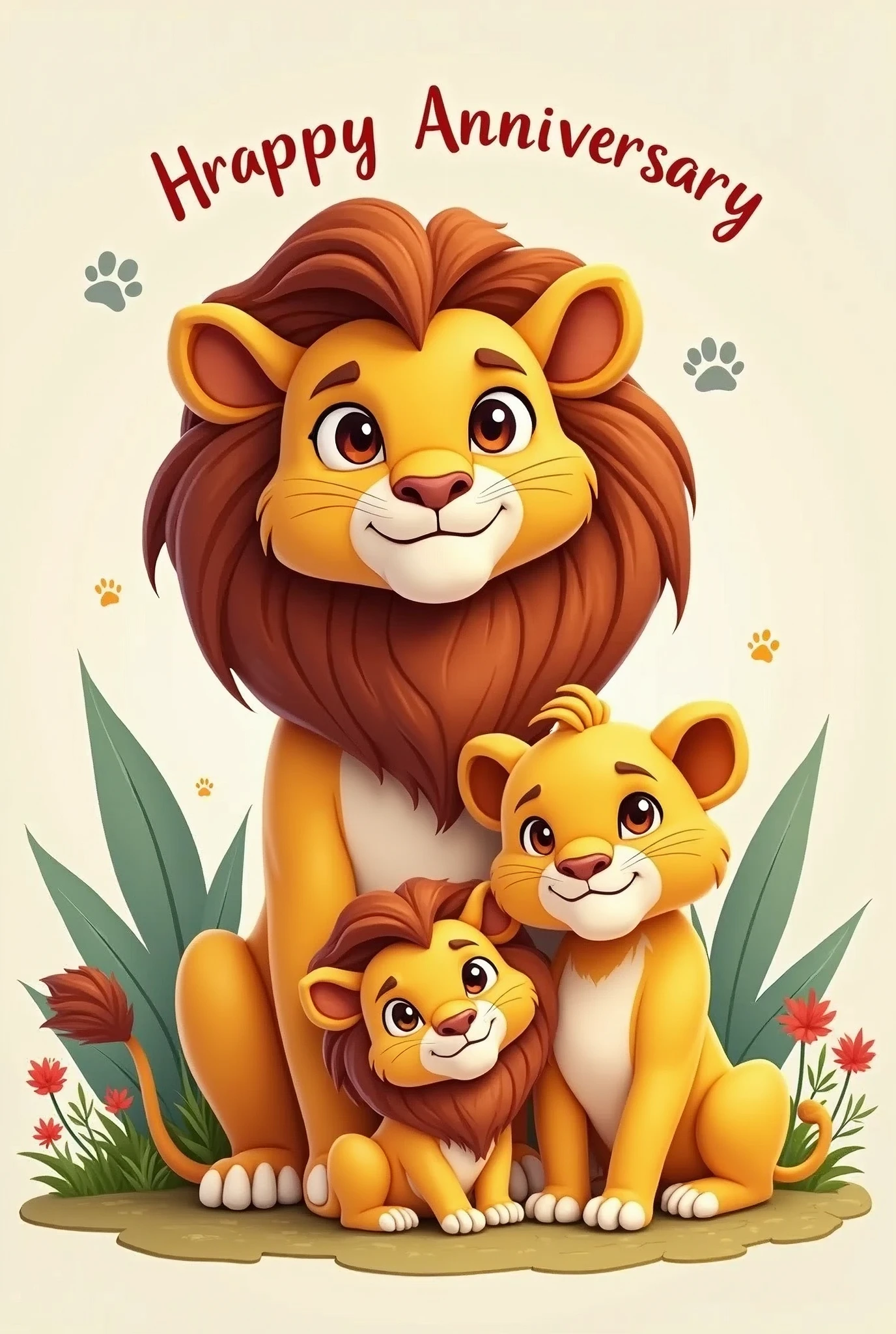 5 Year Anniversary card featuring a cute, cartoonish 3 Lions, Pride Male Father, Lionesses Mother, and its small cub. The design is playful and light-hearted, perfect for celebrating the special bond you share