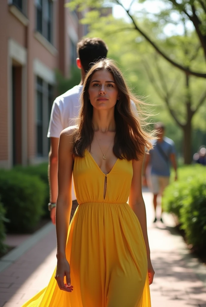 A college girl with yellow dress and a boy standing behind her from a distance at college campus and a photo of them  from back angle 