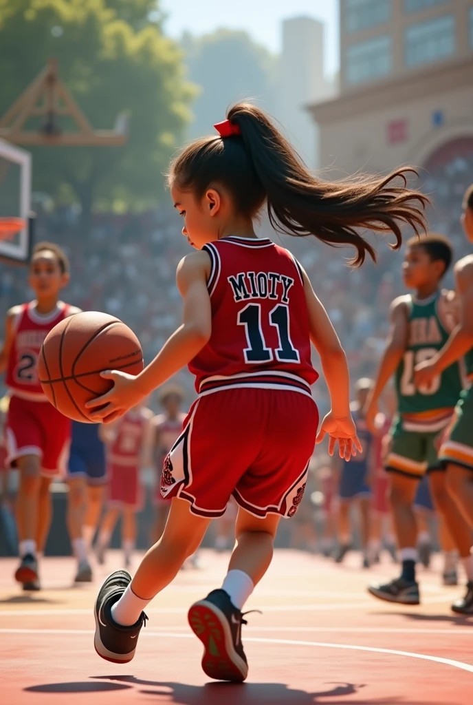 Une fille porte un maillot bulls chicago anomme "Mioty" au dos numero 11 ,elle drible sur un terrain de basket avec beaucoup des personnes
