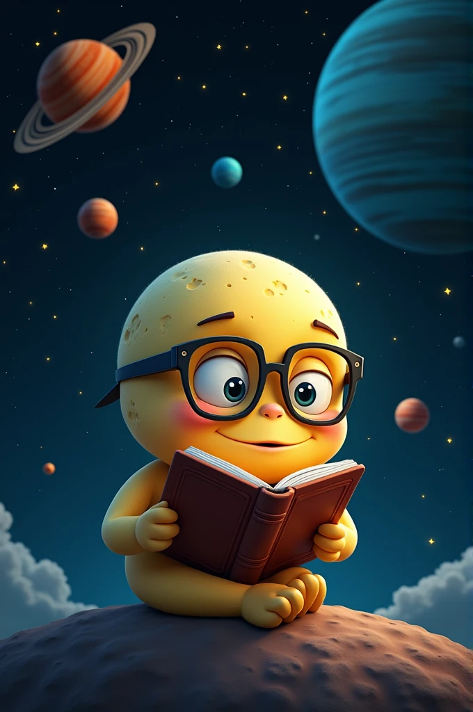 The Solar System animated moon wearing glasses reading a book in space