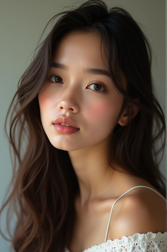 Realistic brunette woman face, 22 years old