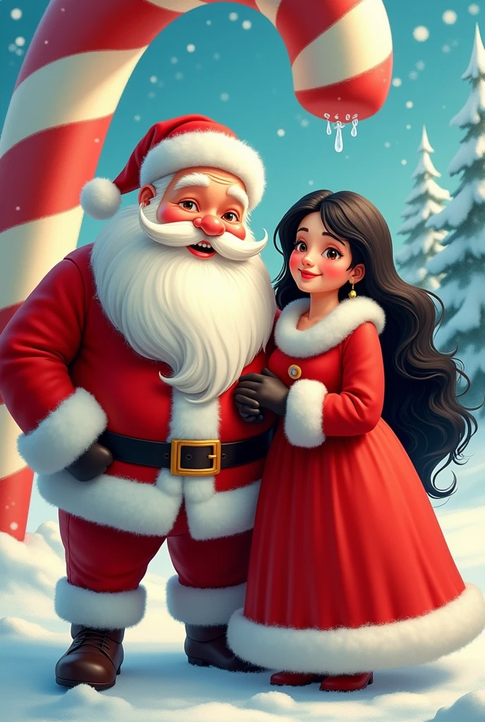 Santa Claus with his chubby wife black hair,candy cane,