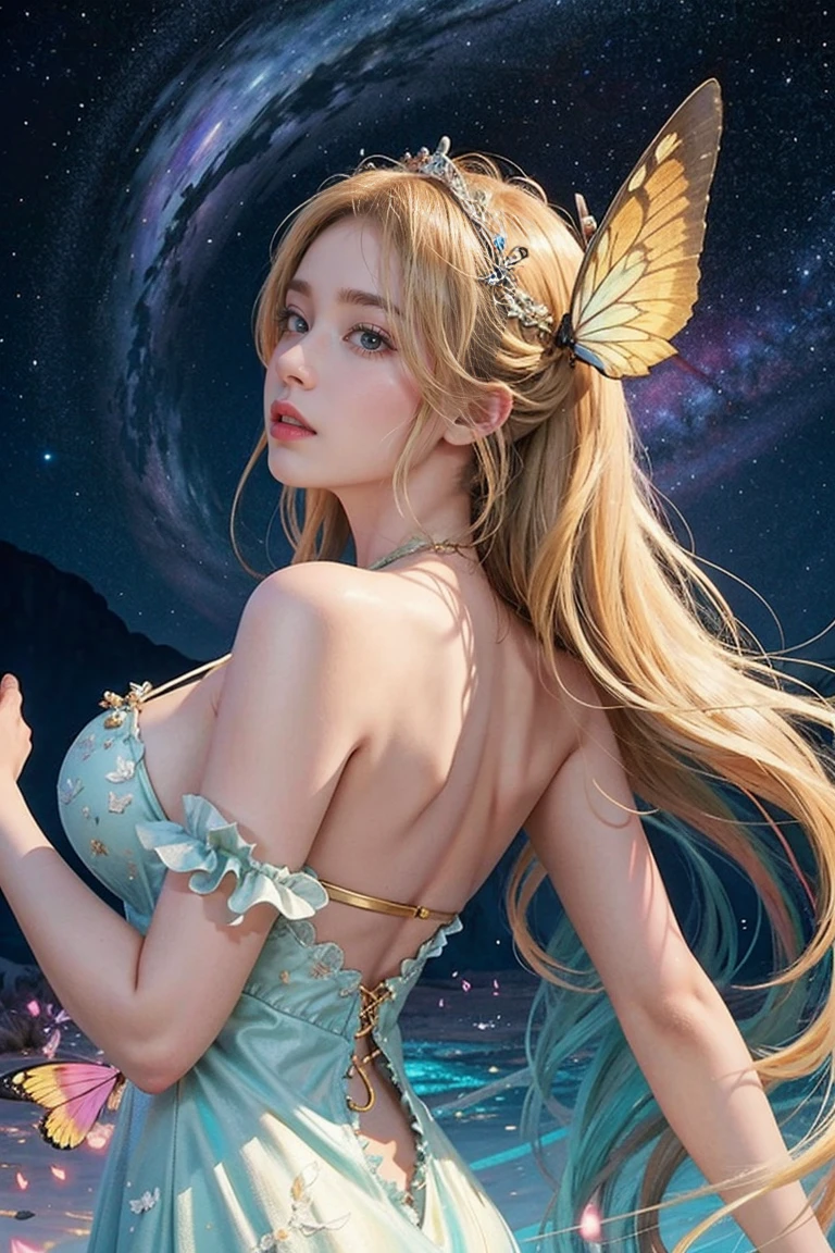 (masterpiece, best quality:1.5), highest quality, High resolution, super detailed, Realists, Upper body photo of a blonde sorceress, detailed and beautiful eyes, beautiful detailed lips, very detailed eyes and face, longeyelashes, shiny satin dress, Holding a wand in your hand and performing a transformation spell, Magic wands present and shiny, Beautiful and colorful makeup, elegant and noble々The jewelry bag, Gardens as background, soft daylight, bright colors, fine brushstrokes, Portrait style, Silk dress fabric, beautiful color palette, glowing skin, First-class rendering, that captures every detail, enchanting atmosphere, subtle shadows and lights, (perfect anatomy:1.2), (The two stunning sorceresses transform spiders into butterflies (a transformation with the magic wand:1.4), (magnificent panorama view:1.2)