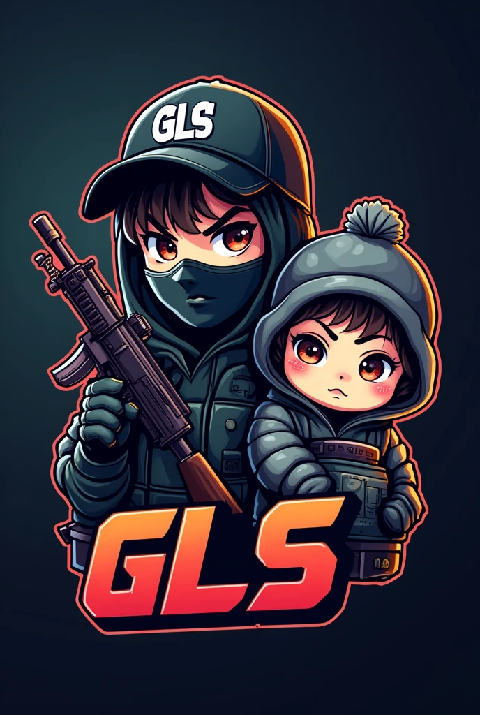 Create a mascot logo where the mascot is a gamer boy wearing a ski mask and a cap with a chuki doll carrying an assault rifle and a sign below with the letters gls