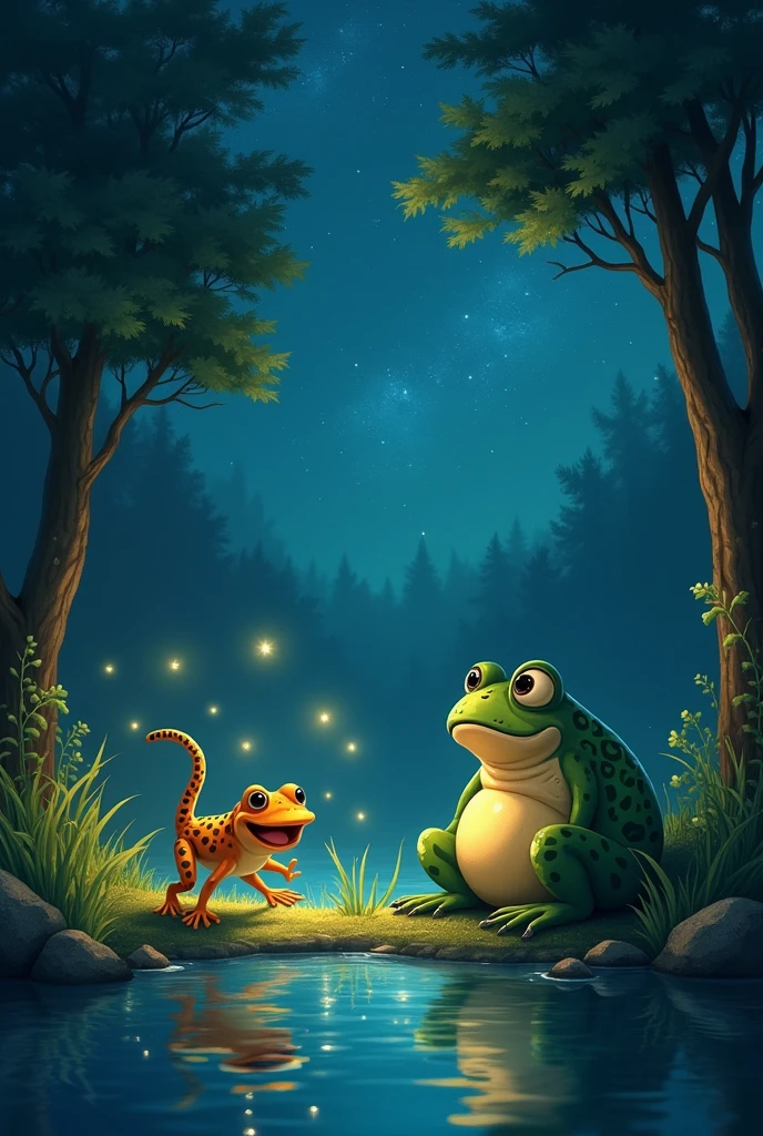 a starry sky, many fireflies, a happy frog, A fat and sad frog. a lake, TREES