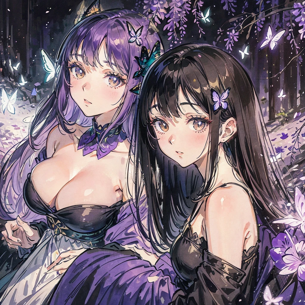 1 beautiful decent woman in the wisteria forest, dark night, Beautifully Aesthetic,wisteria, peace, tranquility, serenity, petals, butterflies, decent