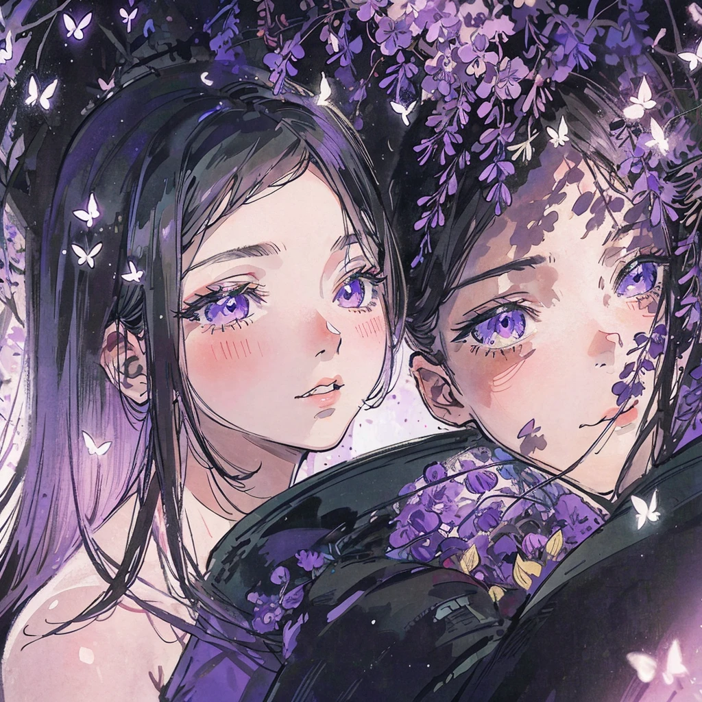 1 beautiful decent woman in the wisteria forest, dark night, Beautifully Aesthetic,wisteria, peace, tranquility, serenity, petals, butterflies, decent