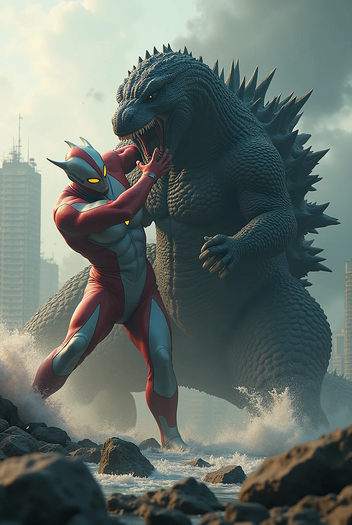 a giant ultraman,choking a massive godzilla monster,highly detailed,epic battle scene,cinematic lighting,dramatic Tilt shift photography ultraman riding godzilla,godzilla mouth ripped open,brutal fight scene,cinematic lighting,highly detailed,realistic,photorealistic,extremely detailed,4k,8k,high resolution,best quality,masterpiece,ultra detailed,sharp focus,intense colors,dramatic shadows,dynamic composition,hyper realistic,cinematic angles,action poses,cinematic atmosphere,intricate textures,vibrant colors,extremely detailed,4k,8k,photorealistic,studio lighting,physically-based rendering,hyper-detailed