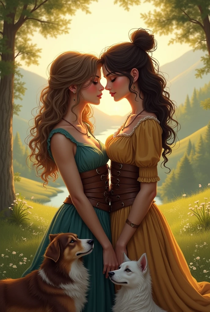 Create a romantic scene of two lesbian women, one is a brunette warrior with her hair in a high bun, and the other is a princess with long, curly hair, with his two dogs, one is a large brown with white stripes on her face and the other is very small, white and furry