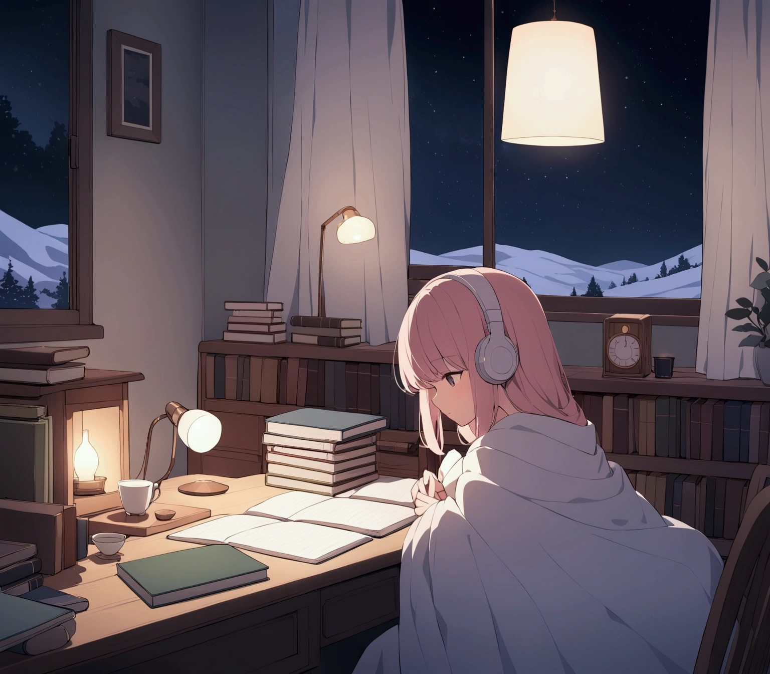 a lo-fi scene featuring a girl studying at her desk. She is wearing headphones and appears focused on her work. The room has a cozy atmosphere, with warm lighting casting a soft glow. Through a large window next to her, you can see snow gently falling outside, covering the landscape in a peaceful blanket. It is nighttime, with the dark sky providing a serene backdrop to the snow. The room is filled with subtle details like books, a cup of tea, and a softly glowing lamp, emphasizing the calm and peaceful vibe of the scene.