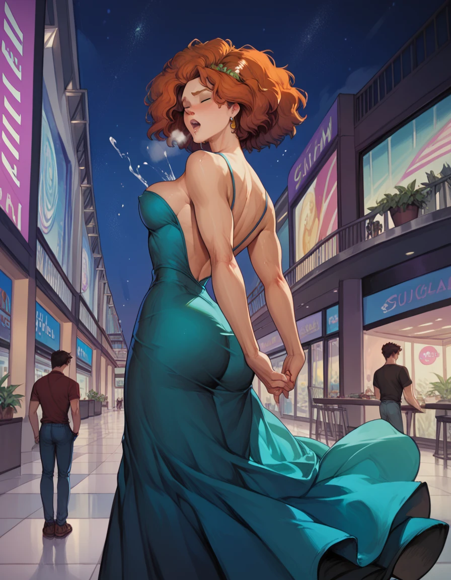 score_9, score_8_up, score_7_up, Merida (sexy, short hair, long dress, orgasm) and male assittant (stronger), American, night city, in a mordern Mall Center, orgasm, sexual harassment