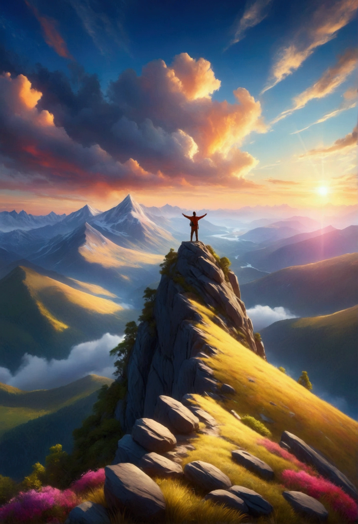 amidst a breathtaking sunrise、depicting a solitary figure standing on a mountain peak. showcasing a pose with arms outstretched wide, Embodying a sense of achievement、 , reflecting the magnificence of the natural landscape. The scene is bright, vibrant colors and the glow of dawn create dramatic shadows, enhancing the grandeur of the environment. the perspective resembles a wide-angle lens, offering a panoramic view of the vast wilderness, with a theme of adventure and exploration.