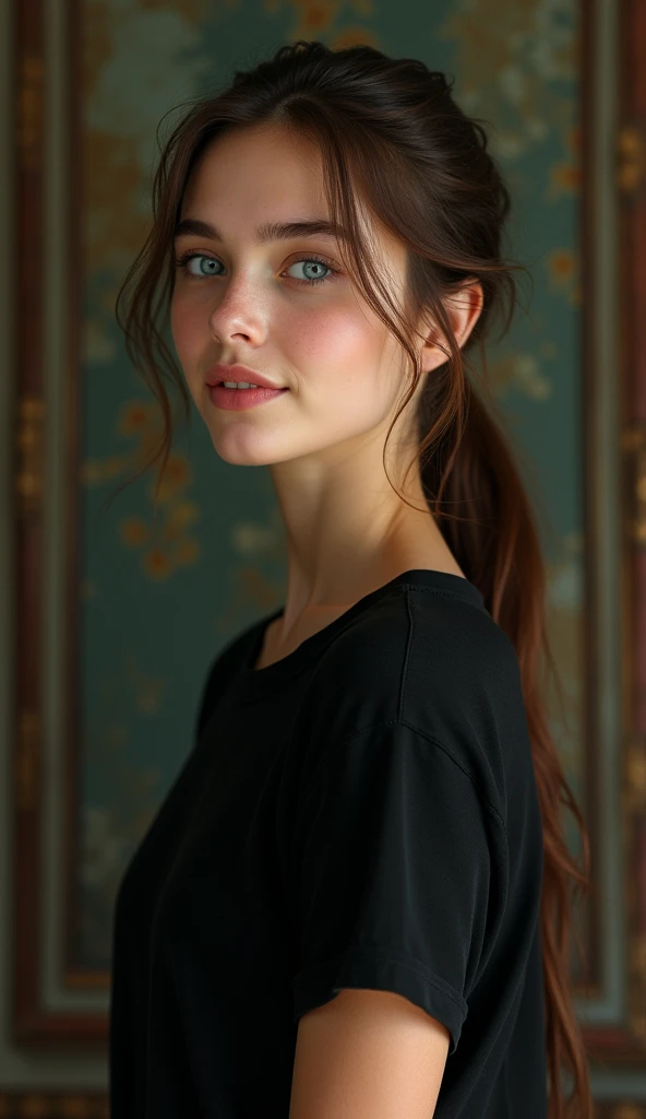 (Highest quality), (masterpiece), (High resolution), (Intricate details:0.2),(Professional Lighting), room, Detailed Background, Oversized black t-shirt, Off the shoulder, (Previous View), One person, alone, (Beautiful Face:1.40), The body is slim, Fine skin, smile, Long ponytail brown hair, Sky blue eyes, (Medium sized beast:1.10), View in viewer,