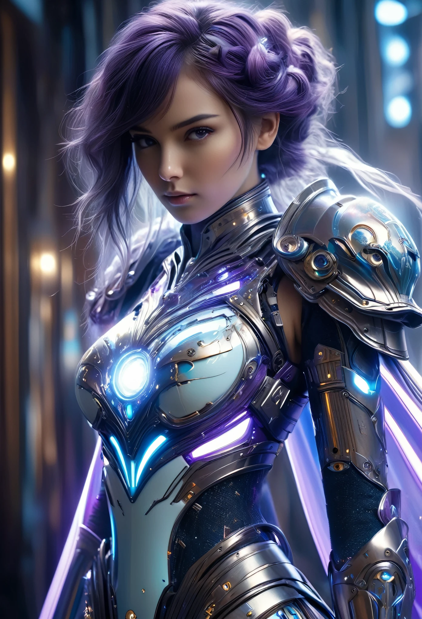 (Best Quality, 4K, 8K, High Resolution, Masterpiece: 1.2), (Super Detailed, Realistic, Photorealistic:1.37), A woman in futuristic clothing, (erotic and sexy:1.4), Trending on cgstation, Trending on cgstation, (Portrait of a girl in the Knights of the Zodiac:1.4), (blunt bangs:1.7), Cute Cyborg Girl, Perfect android girl, Portrait Astronaut Girl, Beautiful girl cyborg, Girl wearing iridescent sky blue and purple and white mechanical cyber armor, Game CG, cgsociety and fenghua zhong, Beautiful Cyborg Shrine Maiden, Bioluminescence, (Gal Gadot:0.6), Anatomically correct grip, Anatomically correct four fingers and one thumb, (long claws:1.4), erotic and sexy, A gorgeous cape with beautifully detailed embroidery, energy ball