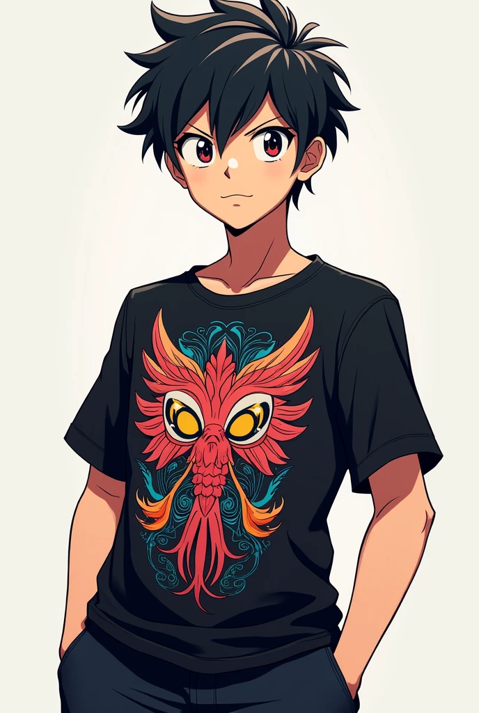 Anime 18 year old boy facing front side with full body wear black shirt with design