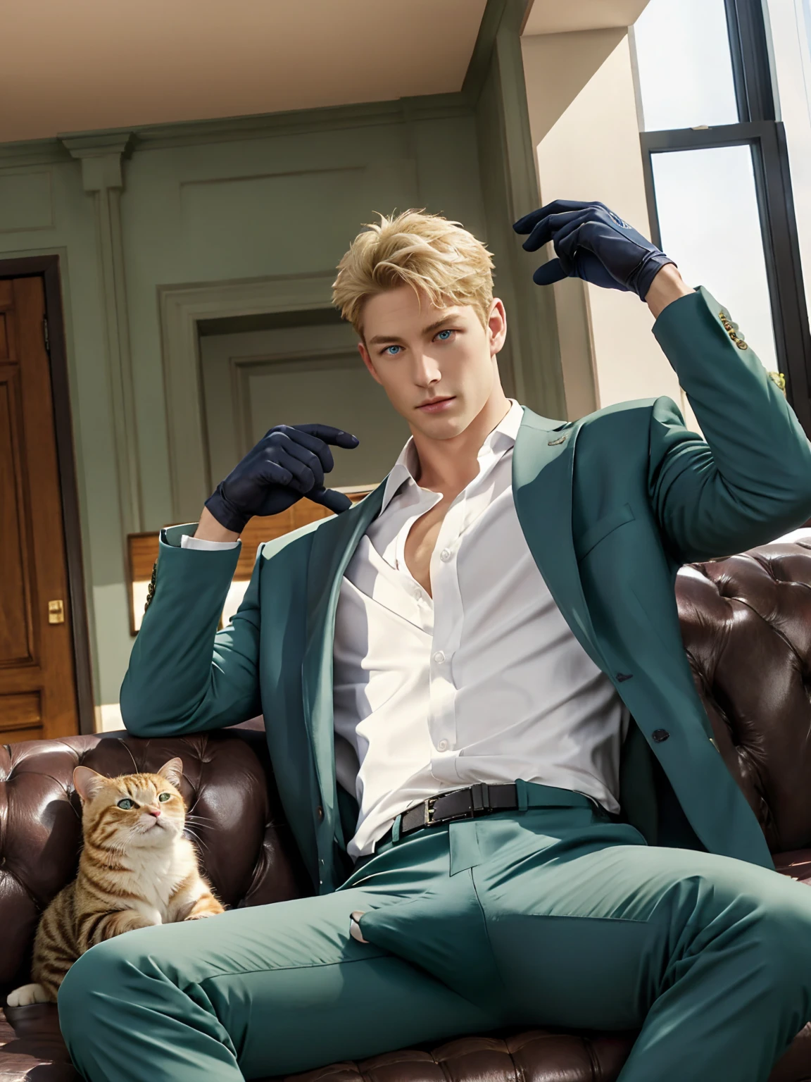 loid_forger, solo, looking at viewer, short hair, blue eyes, blonde hair, shirt, gloves, 1boy, sitting, jacket, white shirt, male focus, black gloves, pants, indoors, spread legs, open jacket, muscular, formal, abs, cat, suit, pectorals, big huge bulge, couch, green jacket, unbuttoned, green pants, 