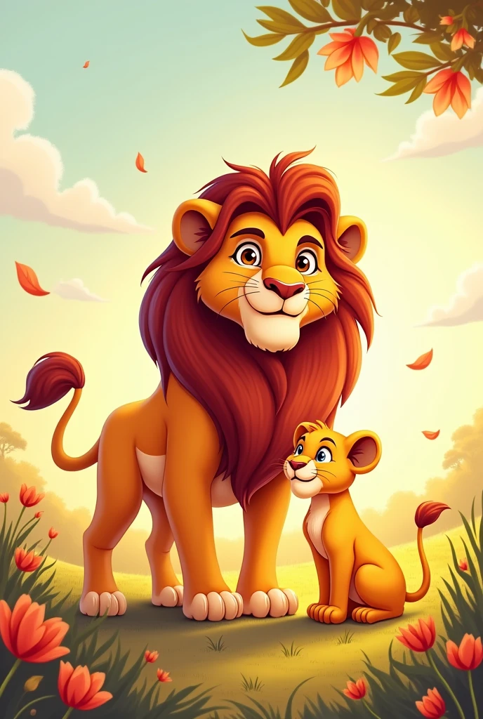 5 Year Anniversary card featuring a cute, cartoonish 3 Lions, Pride Male Father, Lionesses Mother, and its small cub. The design is playful and light-hearted, perfect for celebrating the special bond you share