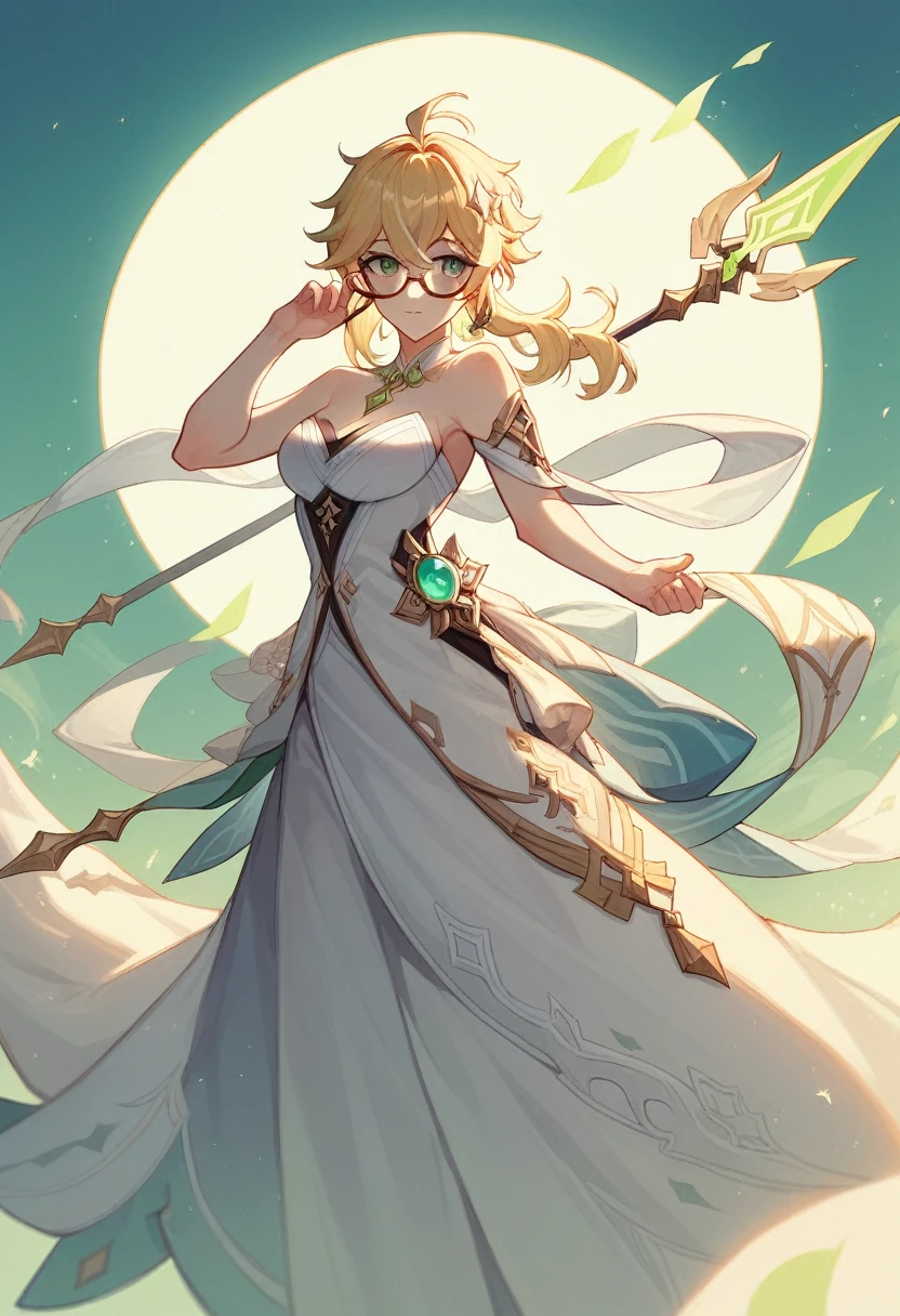 Emili /(genshin impact/), pose, white spear, glasses, yellow hair, green eyes, dendro vision, elegant, 