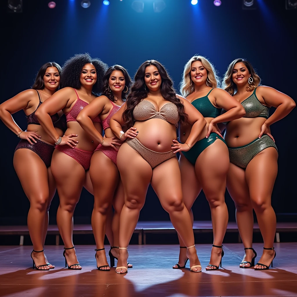 Seven plus size model women are obese and overweight with a lot of belly fat, they have gained weight by eating too much, they are obese plus size models with very large bellies, their bellies are big and bulging and covered with a lot of fat, they are on the stage of a beauty contest wearing glittering and colorful swimsuits, 4K quality, low angle