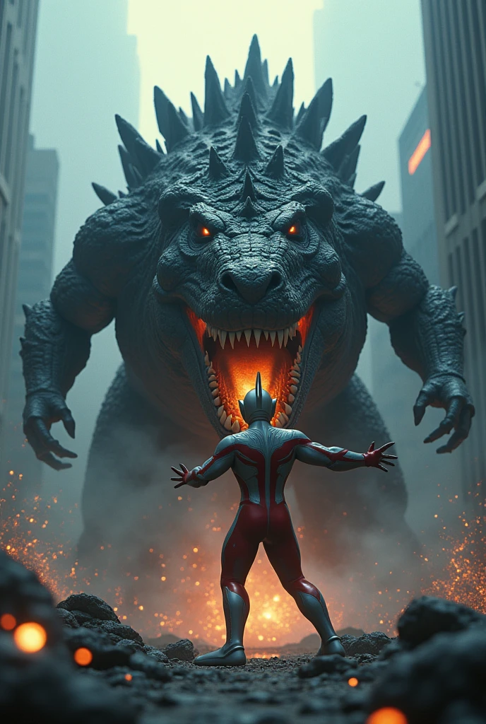 a giant ultraman,choking a massive godzilla monster,highly detailed,epic battle scene,cinematic lighting,dramatic Tilt shift photography ultraman riding godzilla,godzilla mouth ripped open,brutal fight scene,cinematic lighting,highly detailed,realistic,photorealistic,extremely detailed,4k,8k,high resolution,best quality,masterpiece,ultra detailed,sharp focus,intense colors,dramatic shadows,dynamic composition,hyper realistic,cinematic angles,action poses,cinematic atmosphere,intricate textures,vibrant colors,extremely detailed,4k,8k,photorealistic,studio lighting,physically-based rendering,hyper-detailed