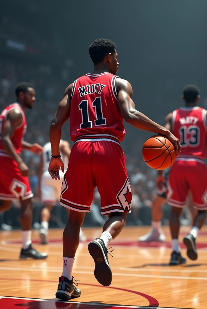 Une porte un maillot bulls chicago anomme "Mioty" au dos numero 11 ,elle drible sur un terrain de basket avec beaucoup des personnes