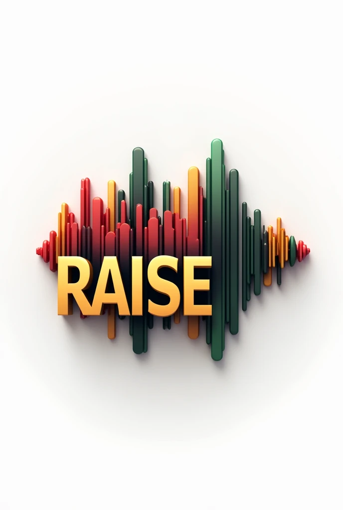 Design a logo using the word “RAISE IT” with a white background using red, gold, green and black as colors using sound waves ideas in designing it in 3D format 