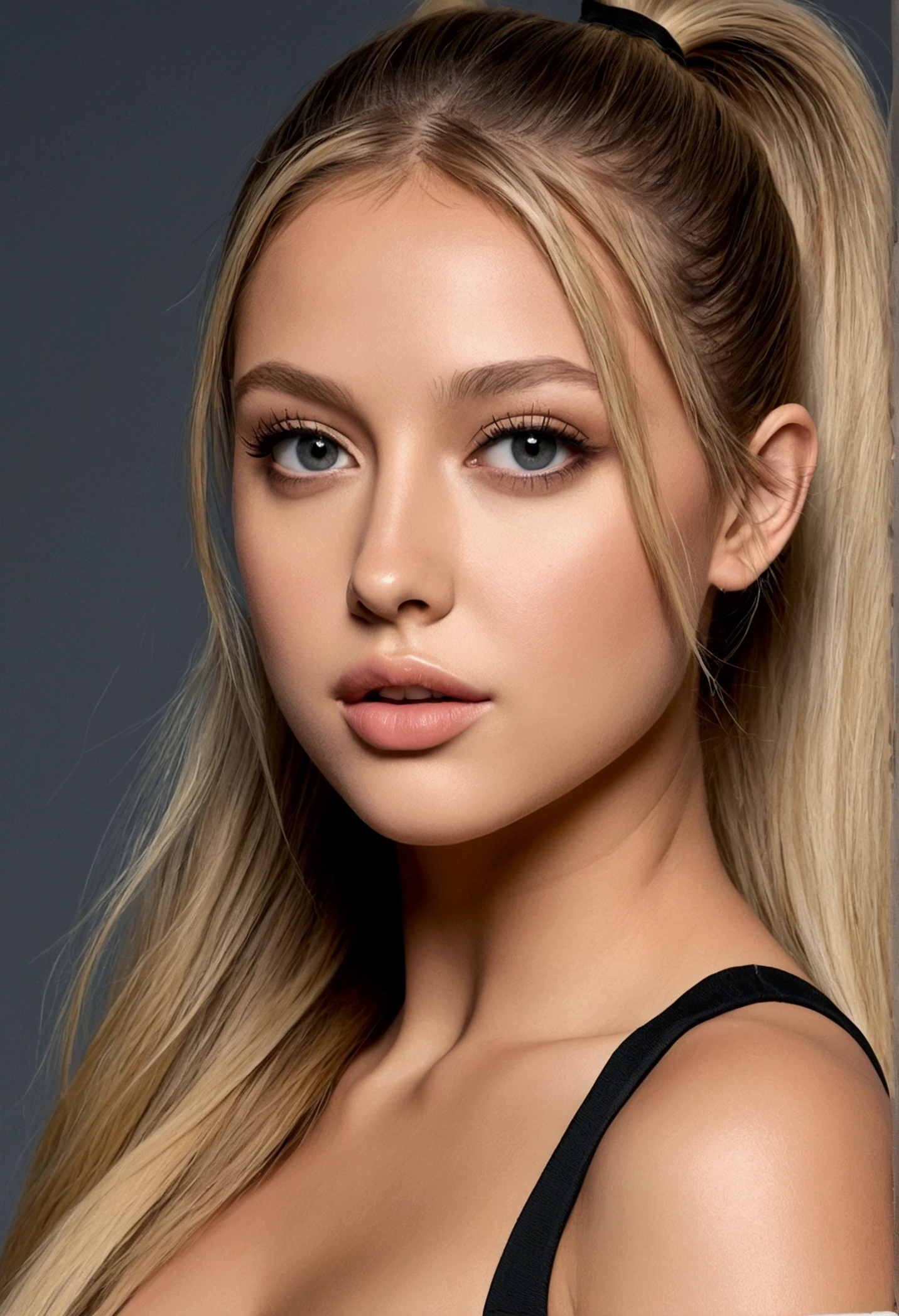 A very realistic and detailed photo of Ester Exposito wear a black short skirt light makeup, long straight blonde hair, ponytail high quality photo 4k, very detailed, perfect fit, looking at the camera, detailed face, detailed eyes,
