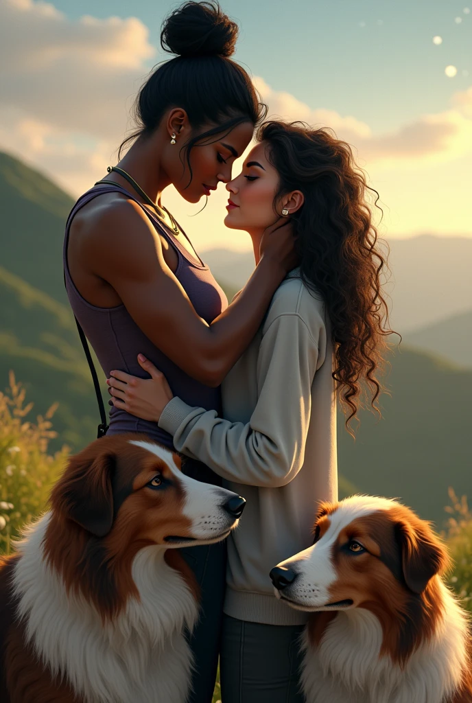 Create a romantic scene of two lesbian women, One is a dark-skinned warrior with black hair in a high bun, and the other is a princess in a sweatshirt with long, curly hair., with his two dogs, one is a large brown with white stripes on her face and the other is very small, white and furry