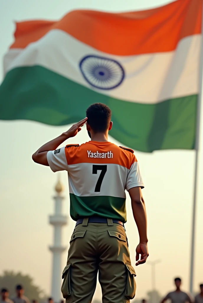 A huge tricolor flag of India is fluttering,  An 18 year old gym army man is Saluting in front of it facing towards the flag and the boy is wearing a tiranga colour T-shirt Is wearing a shirt with 'Yasharth' written on it and 7 written below 'Yasharth' and he is wearing army cargo pants and his back side is visible don't forget to write your name and  flag is completely visible and not blurred  don't forget to salute