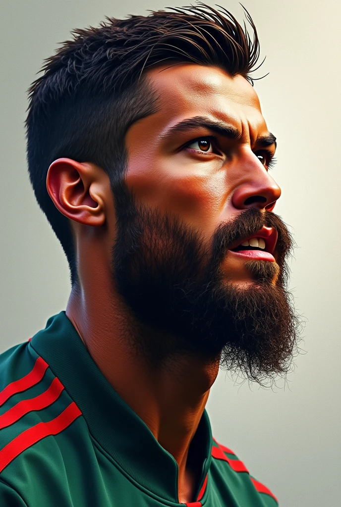 CRISTIANO RONALDO looking to the right with a goat beard very angry