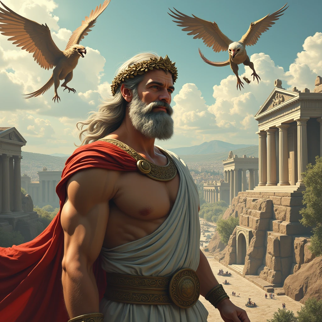 the god zeus, with a smile, and with a Greek-style city in the background. Fantastic Beasts, Griffins and Dragons Fantasy Flying. Panoramic room. aged image.
