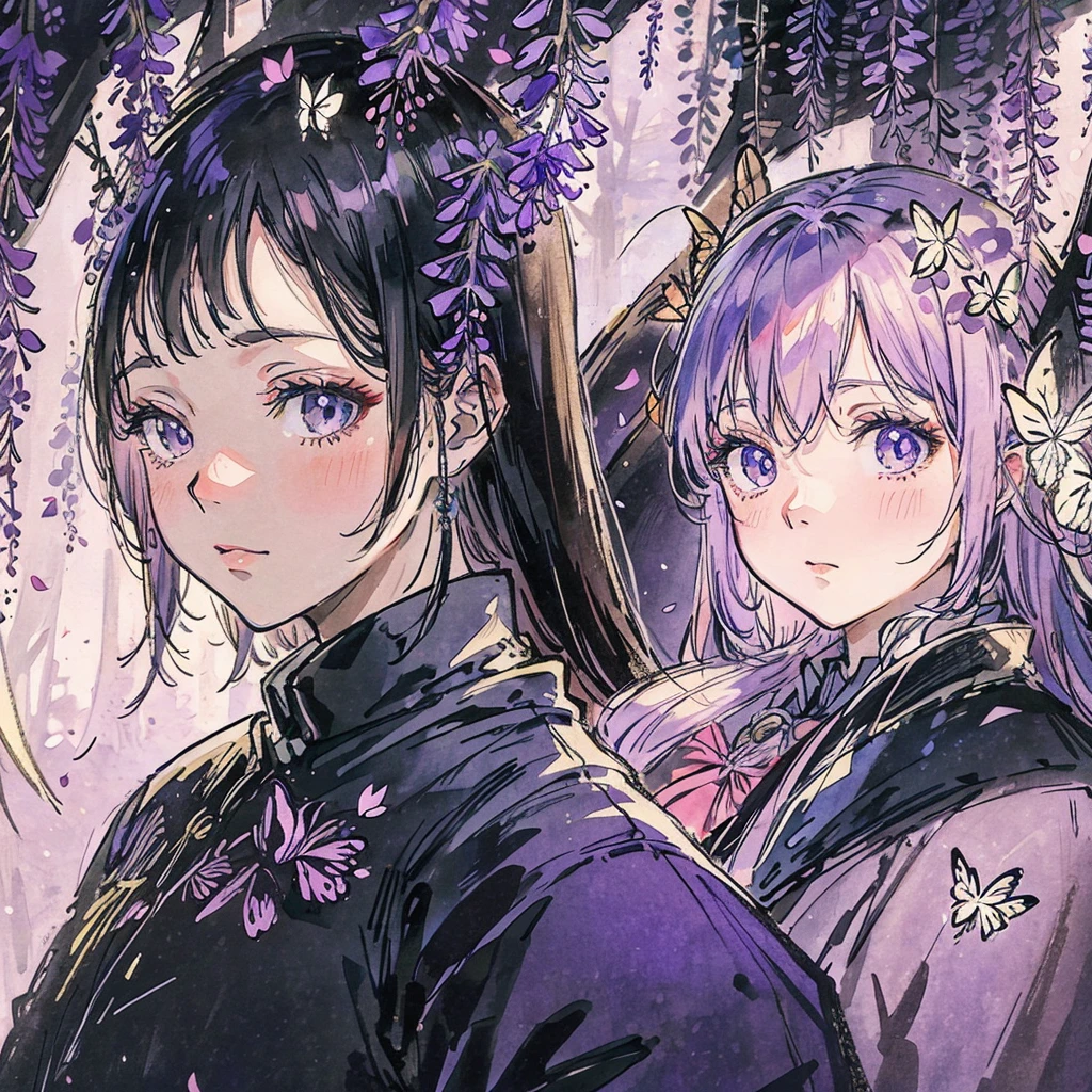 1 beautiful woman in the wisteria forest,  dark night, , (Beautifully Aesthetic:1.2),wisteria, peace, tranquility, serenity, petals, red kimono, red lip, butterflies, decent