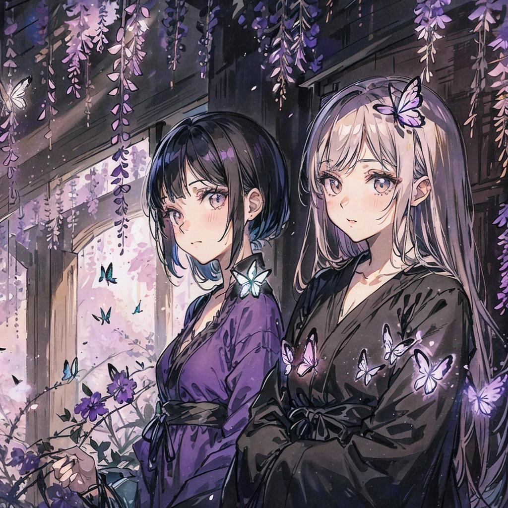 wisteria forest, dark night, Beautifully Aesthetic,wisteria, peace, tranquility, serenity, petals, butterflies, decent