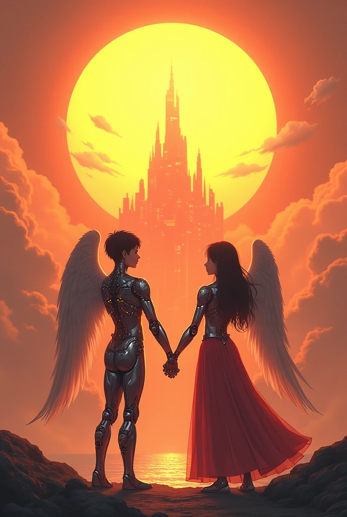 two cybernetic angel holding hands, in shadow boy and girl, they're like praising the sun, while there's a floating city in the middle of the sun covering it 65%, easy to draw
