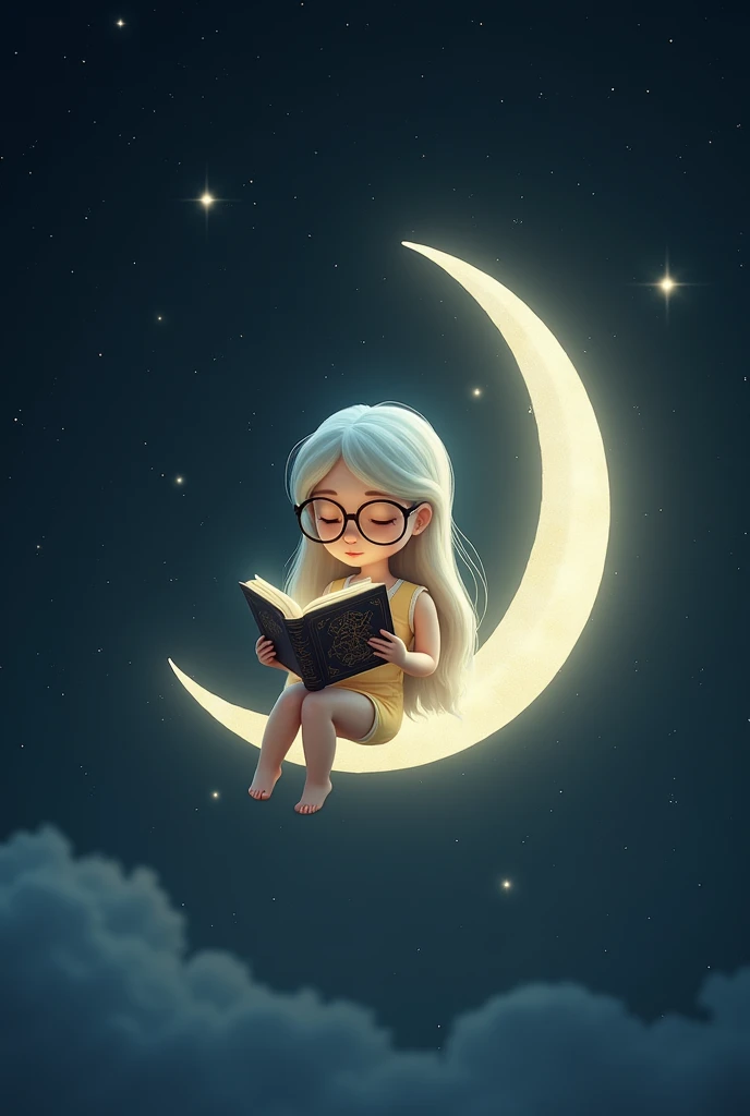 The Solar System feminine moon with a dream animated that has glasses and is reading a book in space 