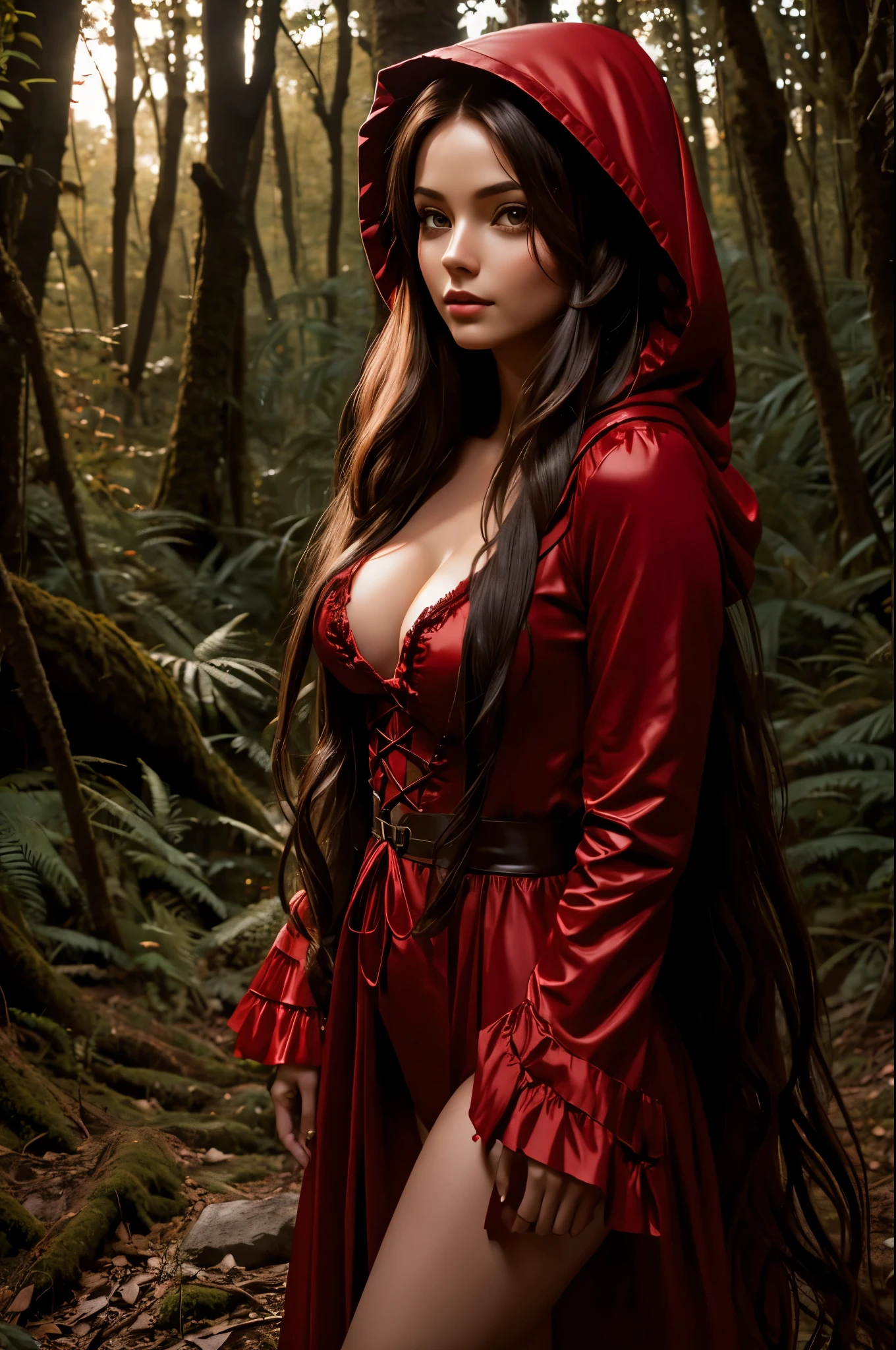 Little Red Riding Hood with brown eyes and long hair wearing sensual clothing in the forest, a daring photo shoot 